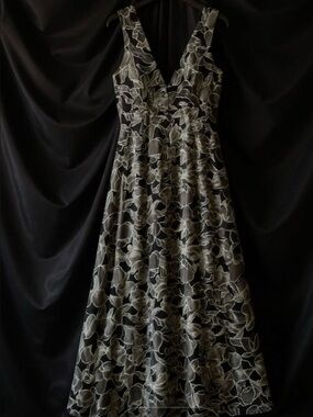 White House Black Market Black Midi Dress with White Floral Overlay